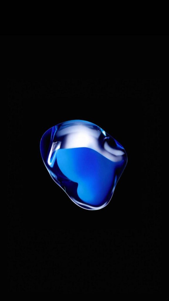 Glossy blue gem-like fluid shape on black background iPhone wallpaper minimalist digital art