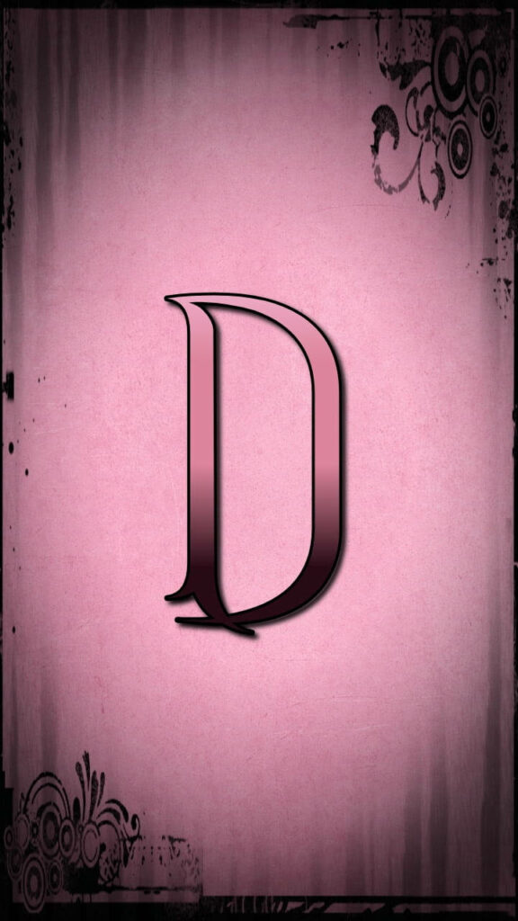 Glossy bold letter D on textured pink background with ornate black floral corners elegant wallpaper
