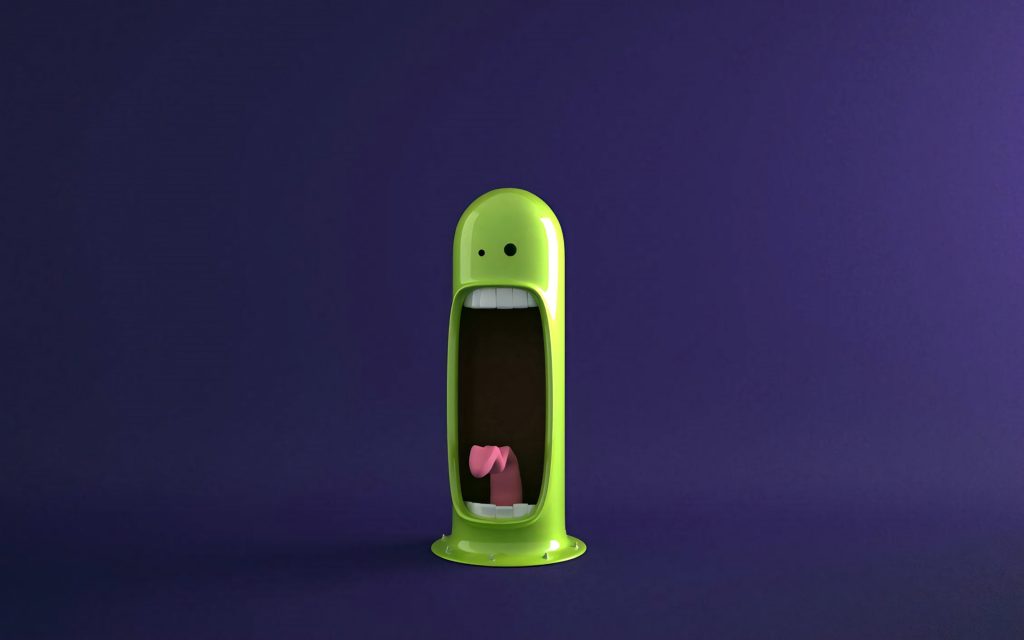 Minimalist 3D wallpaper of glossy lime green character with open mouth on deep purple background