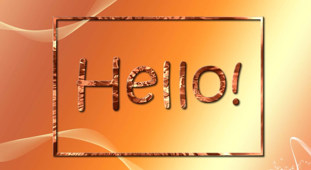 Glossy metallic bronze Hello digital wallpaper with orange yellow gradient and abstract curves background