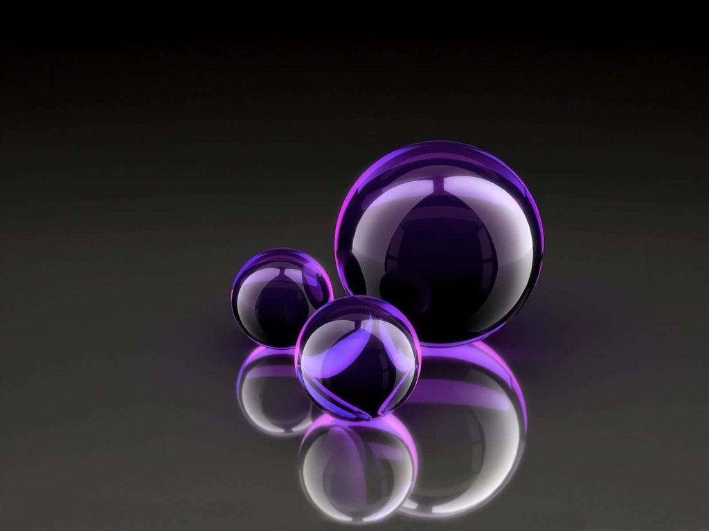 Purple 3D digital art with three glossy glass spheres on dark reflective surface minimalist wallpaper