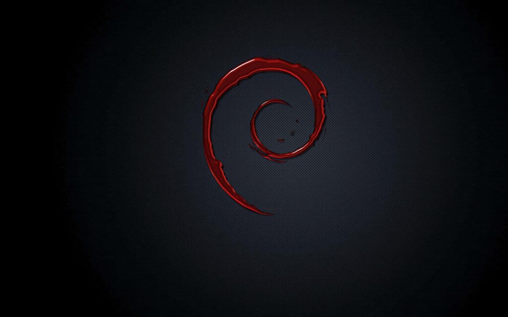 Glossy red Debian swirl logo on dark textured background minimalist wallpaper design