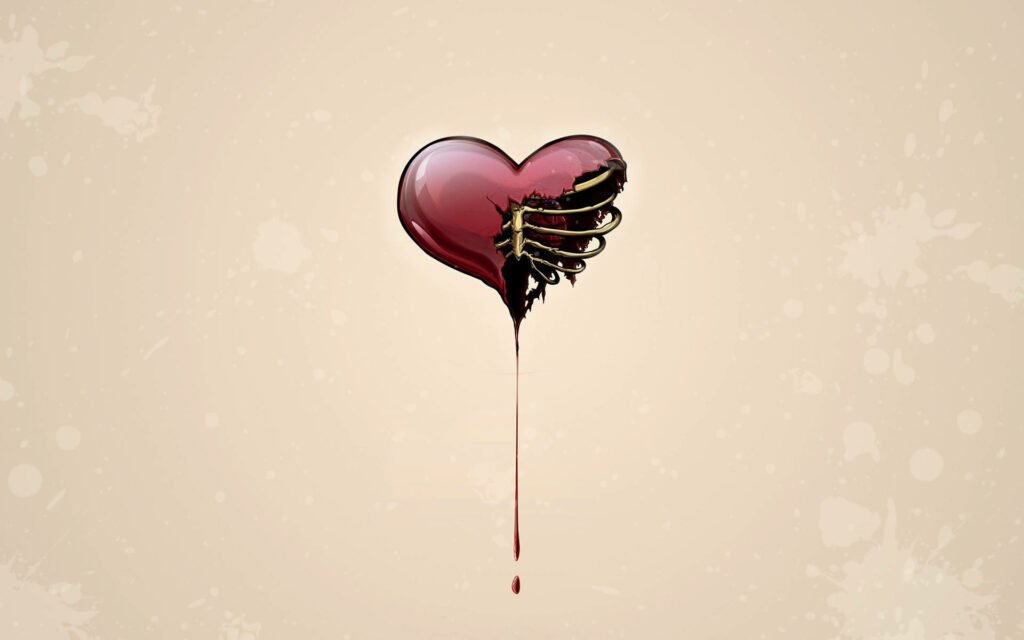Glossy Red Heart Skeleton Wallpaper with Dripping Effect on Beige
