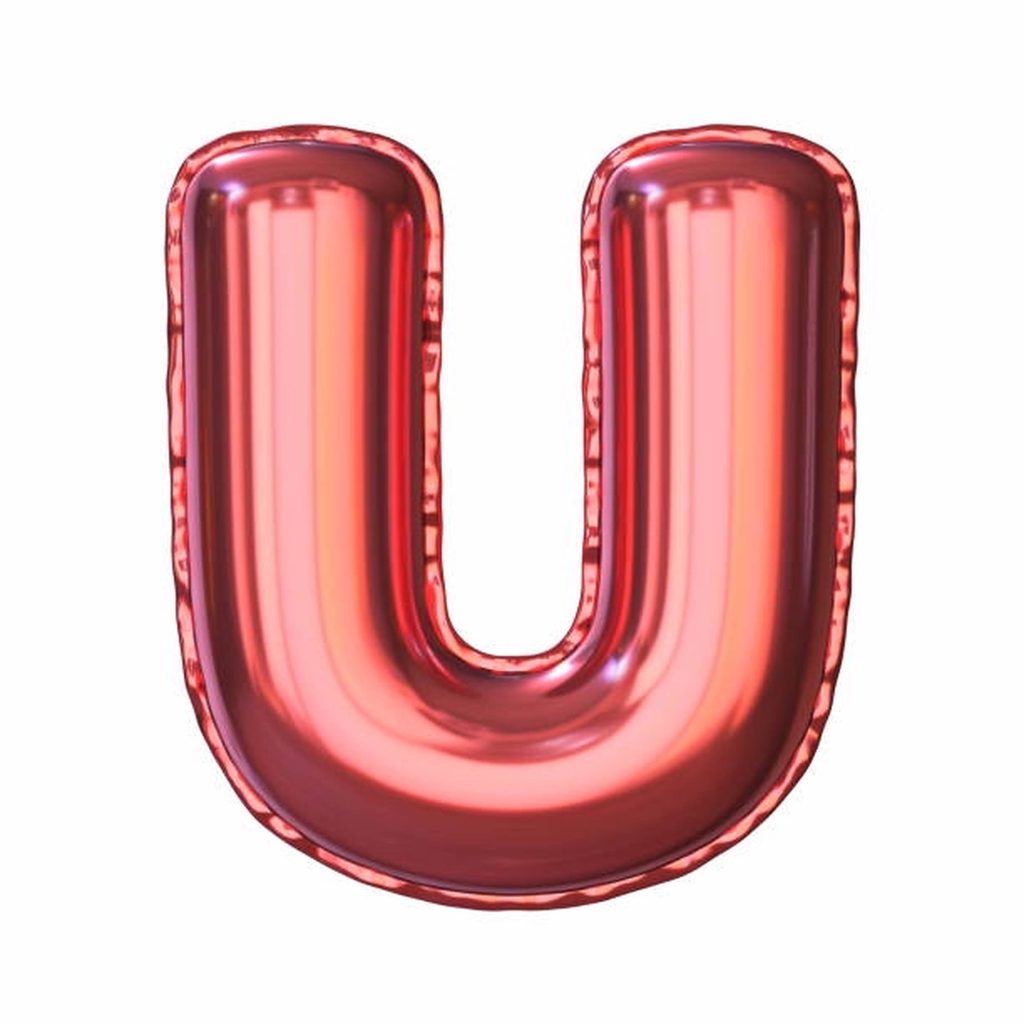 Glossy metallic red foil balloon letter U 3D digital illustration with reflections on white background Wallpaper