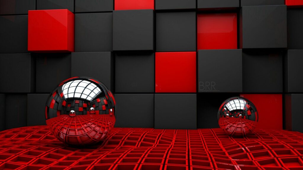 Sleek Red and Black Cubes Wallpaper with Reflective Spheres - 1920x1080
