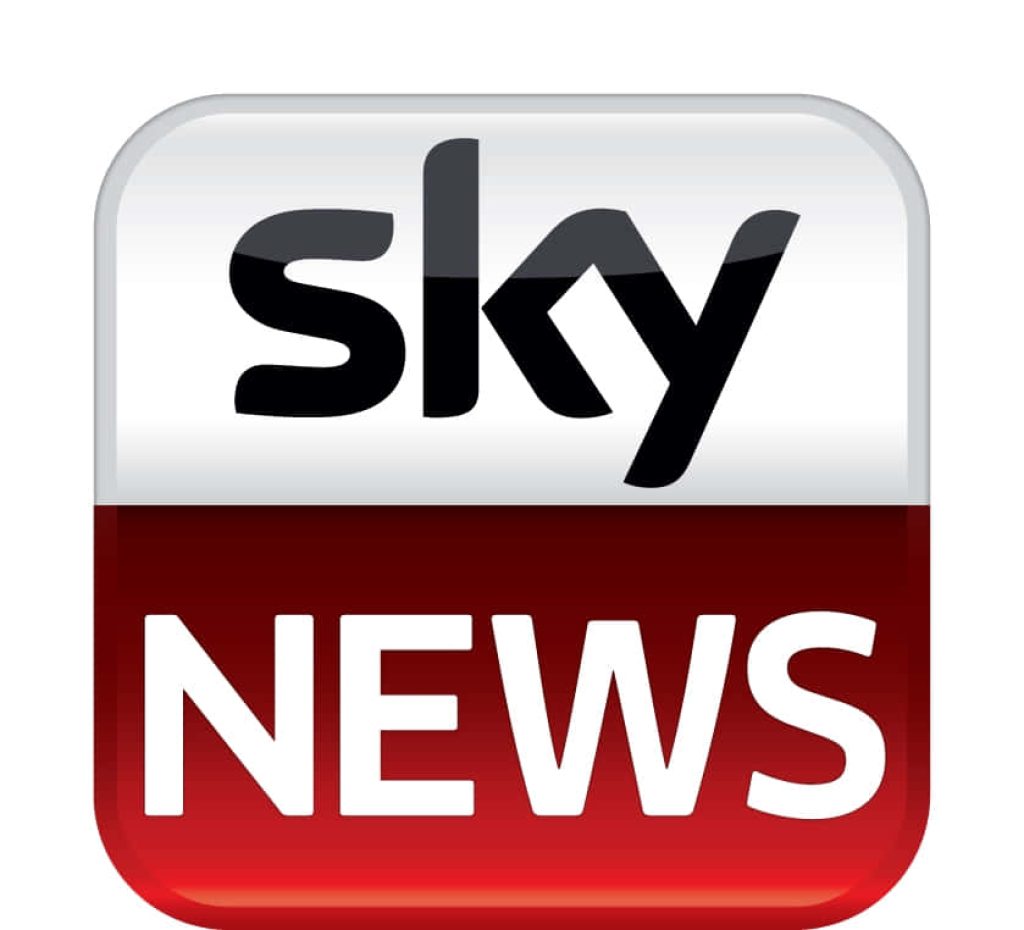 Glossy Sky News logo wallpaper with black sky on white top and bold white NEWS on red bottom