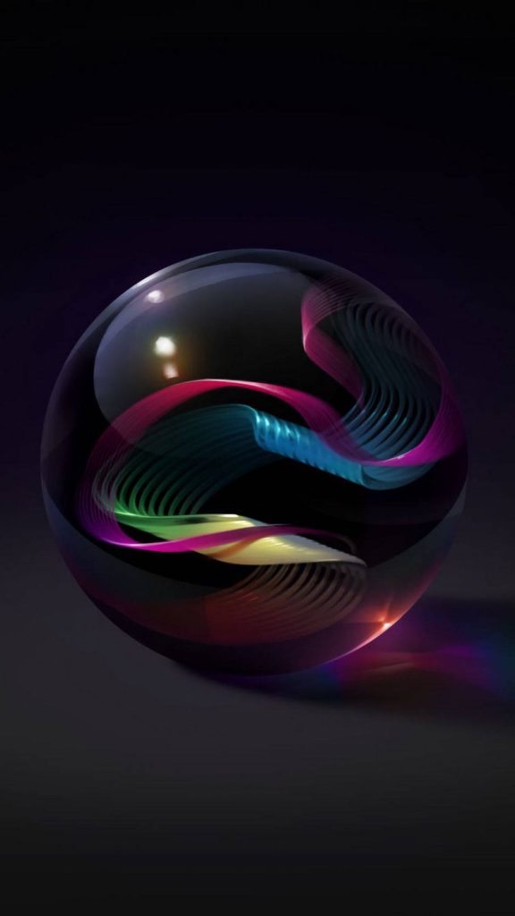 3D digital art wallpaper glossy transparent sphere with neon magenta teal gold fluid ribbons on dark background