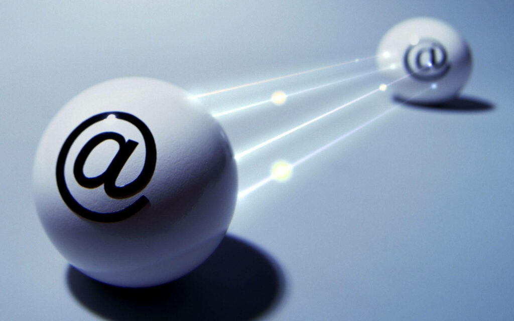 Glossy white spheres with black email icons on blue gradient with connecting light trails background Wallpaper