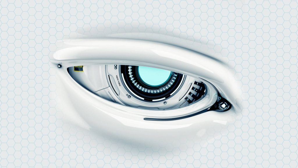 Glossy white robotic eye with cyan lens and hexagonal pattern futuristic digital wallpaper