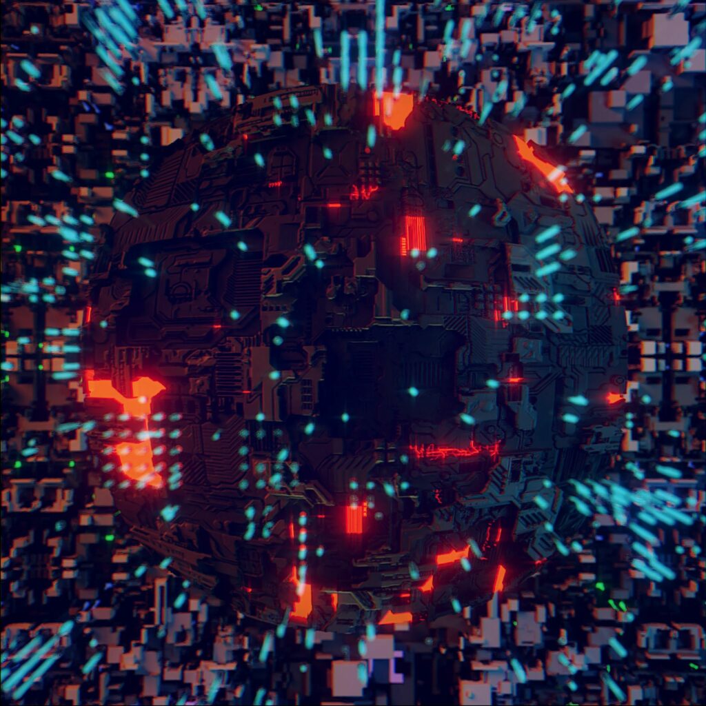 Futuristic 3D Sphere Wallpaper with Intricate Circuitry Patterns