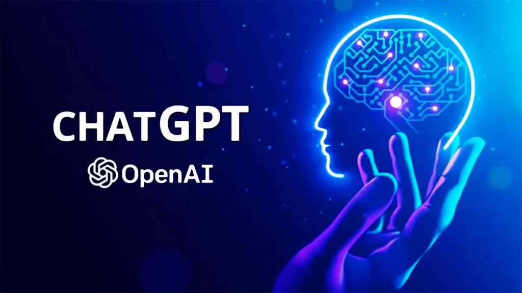Glowing human profile with circuits AI theme hand ChatGPT OpenAI logos blue purple tech background Wallpaper