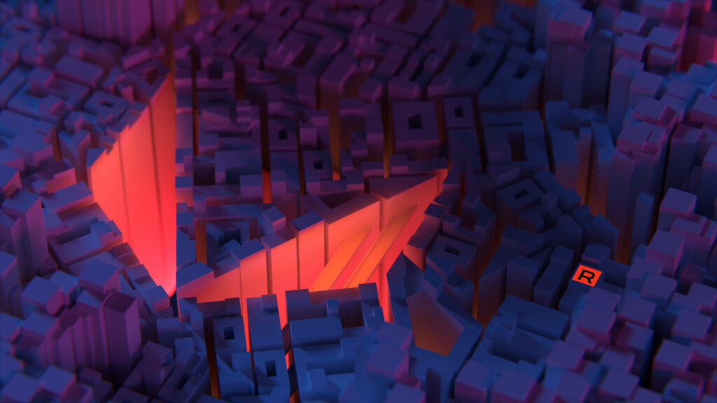 Glowing AMD Radeon logo over futuristic geometric cityscape with vibrant red and blue hues wallpaper