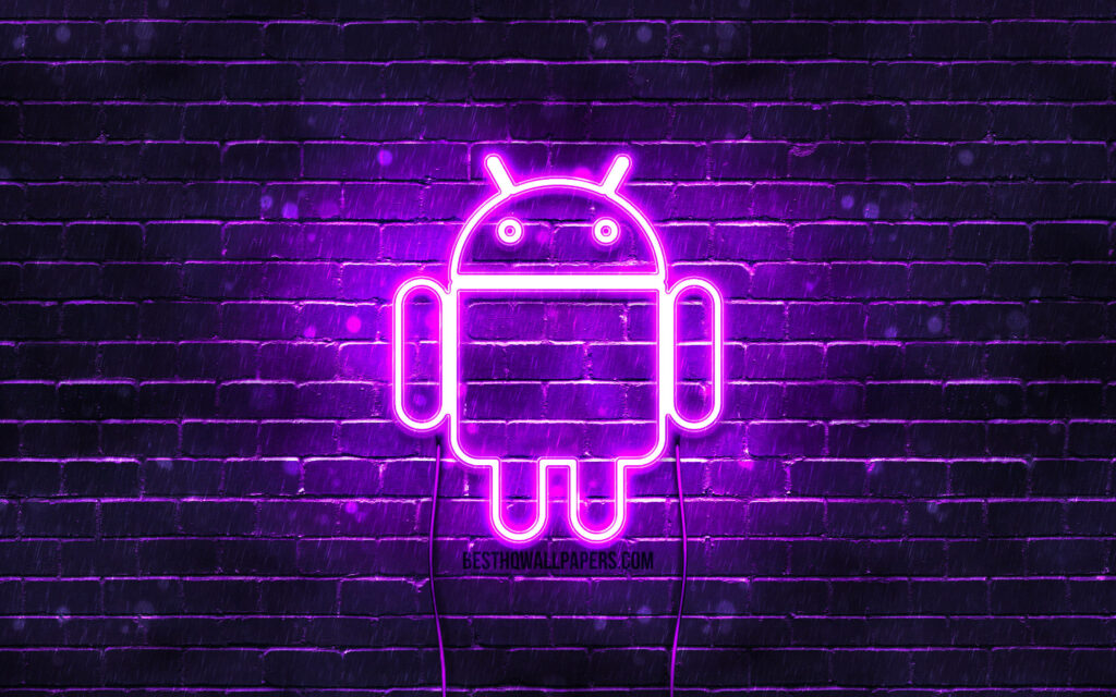 Android Glow: Electrifying Emblem Illuminating a Mysterious Purple Wall - Sensational Desktop Background Wallpaper