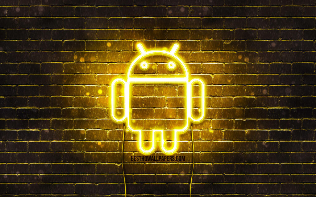 Glowing Android Emblem Illuminates Mellow Yellow Brick Wall: Vibrant Desktop Delight Wallpaper