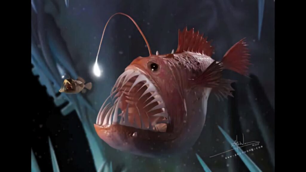 Glowing anglerfish with sharp teeth guides small submersible in dark deep ocean bioluminescent scene Wallpaper
