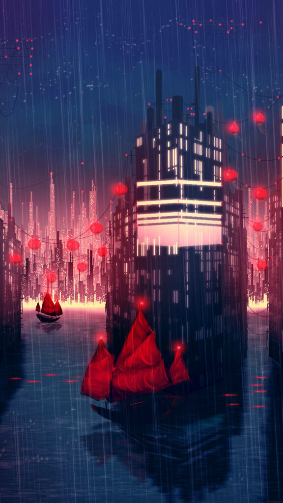 Serenity Through Rain: Enchanting Anime City with Illuminated Red Chinese Lanterns Wallpaper