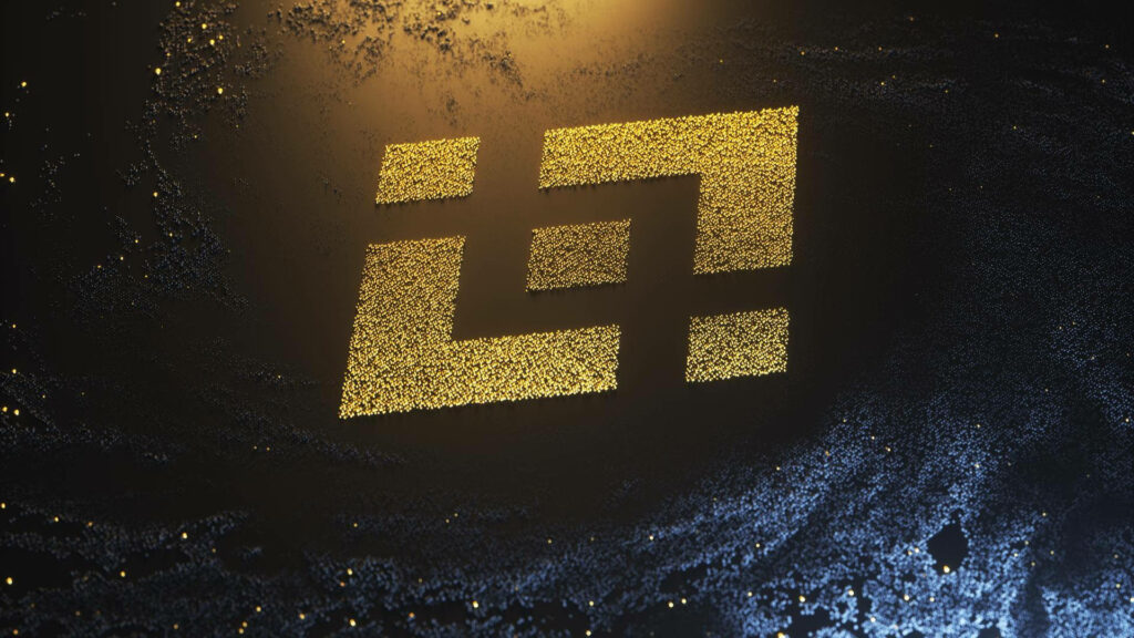 Glowing Binance logo of golden particles on dark cosmic background futuristic energy wallpaper