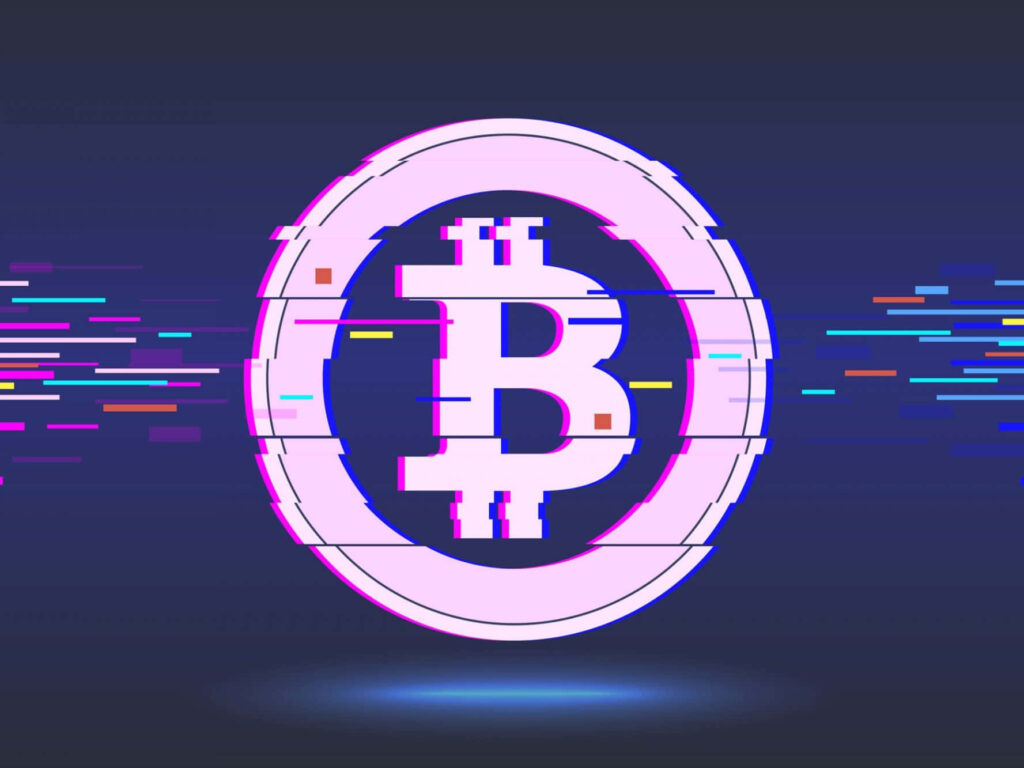 Glowing Bitcoin symbol with colorful glitch effects digital art crypto investing wallpaper background