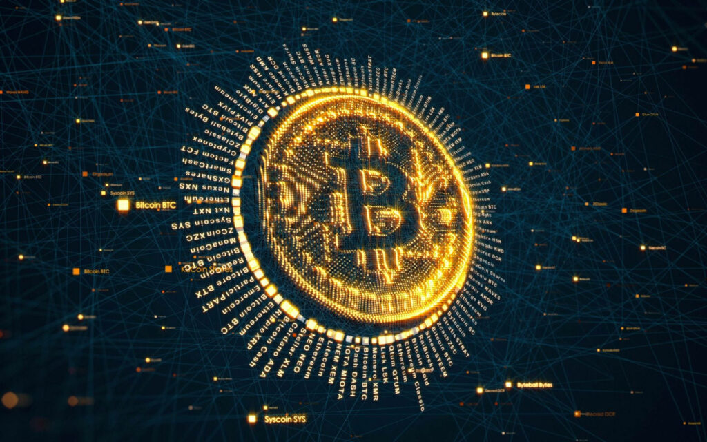 Glowing digital Bitcoin logo on dark network background representing cryptocurrency power Wallpaper