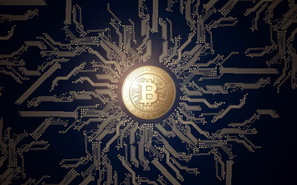 Glowing Bitcoin logo with motherboard circuits on navy blue background representing digital crypto Wallpaper