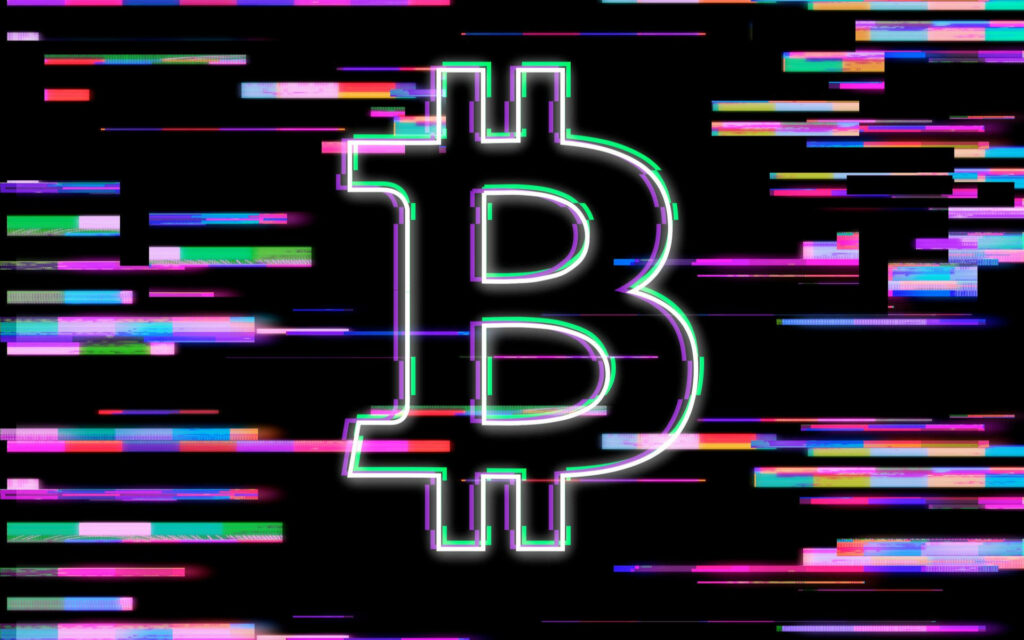 Glowing Bitcoin symbol on glitchy digital background with vibrant neon colors cryptocurrency art Wallpaper