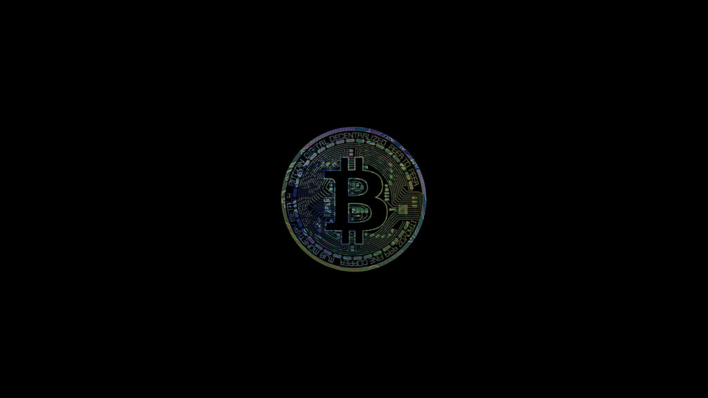 Glowing Bitcoin symbol on black background representing global cryptocurrency network unity Wallpaper