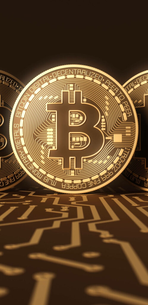 Glowing Bitcoin symbol on digital circuit background representing futuristic cryptocurrency finance Wallpaper
