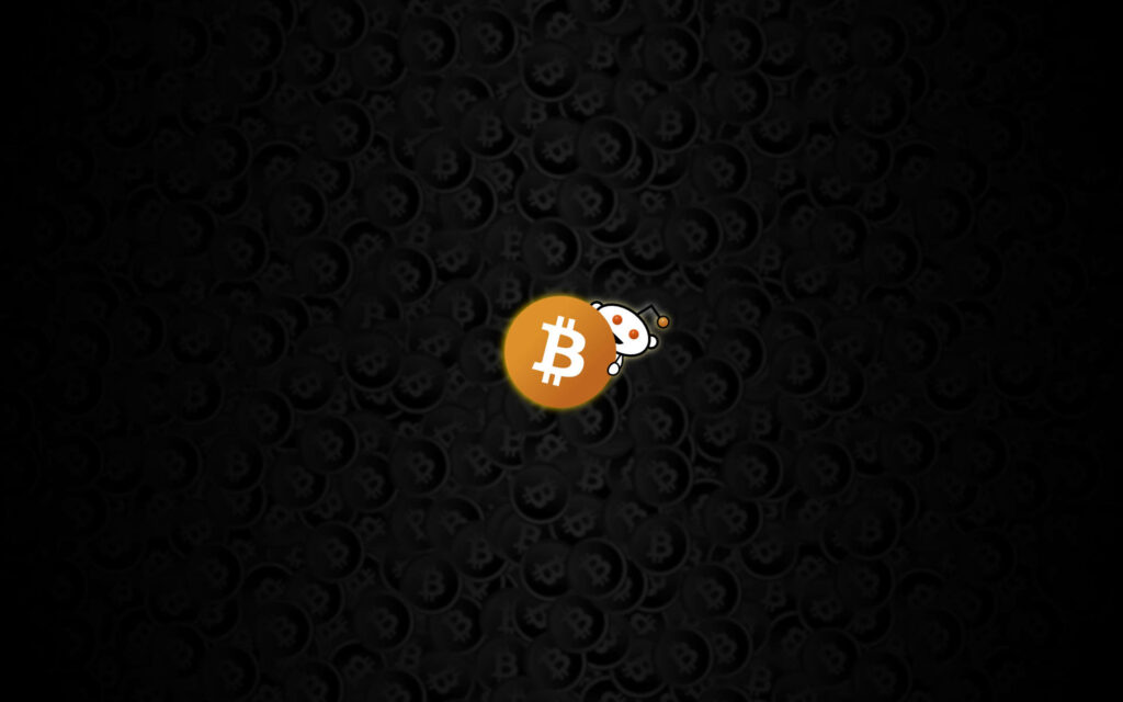 Glowing Bitcoin logo and Reddit mascot on dark patterned background with subtle crypto symbols Wallpaper