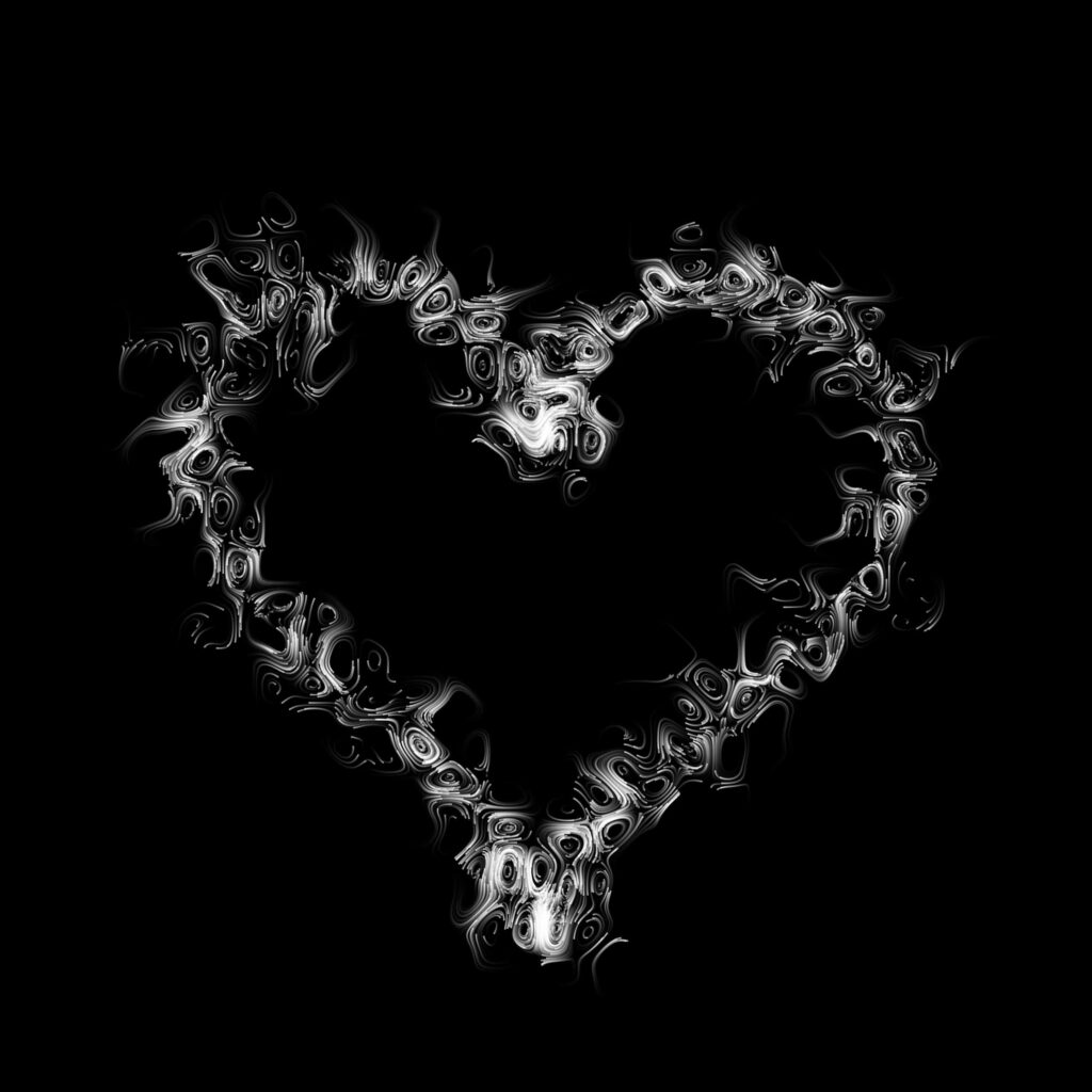 Artistic Glowing Black Heart Wallpaper with Swirling White Patterns