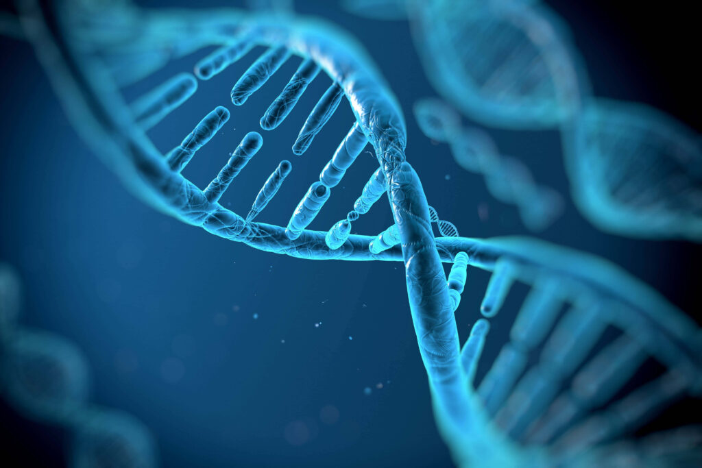 Close-up 3D DNA strands glowing blue detailed molecular genetics biology technology wallpaper