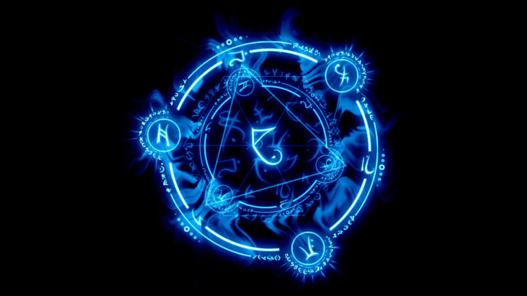 Glowing blue arcane circle with intricate mystical runes fantasy magic wallpaper background