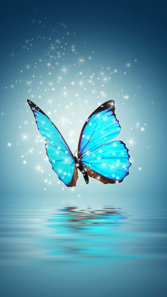 Glowing Blue Butterfly Wallpaper: Serene Water Reflection & Sparkling Lights