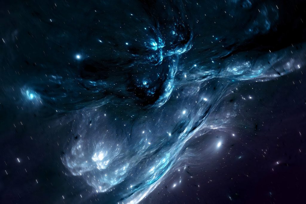 Abstract glowing blue crystalline shapes swirl in cosmic space with vibrant cyan lighting background Wallpaper