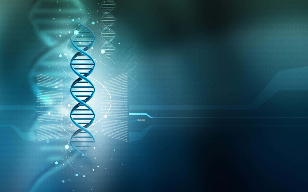Glowing blue DNA double helix on futuristic digital background with scientific light effects Wallpaper