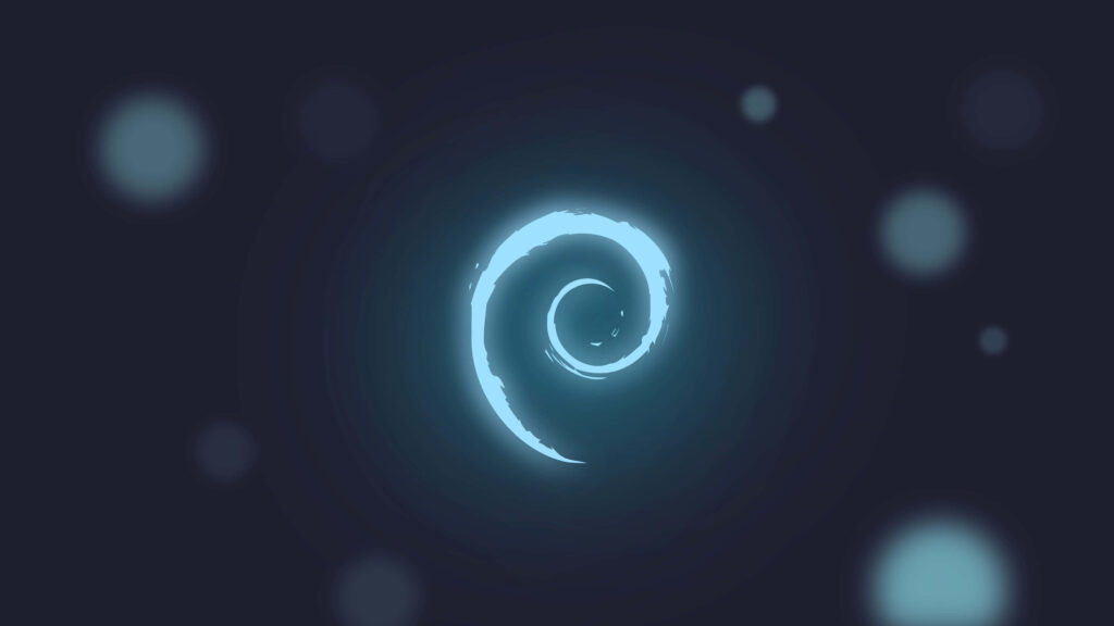 Glowing blue Debian swirl logo on dark minimalist background with soft-focus light orbs digital wallpaper