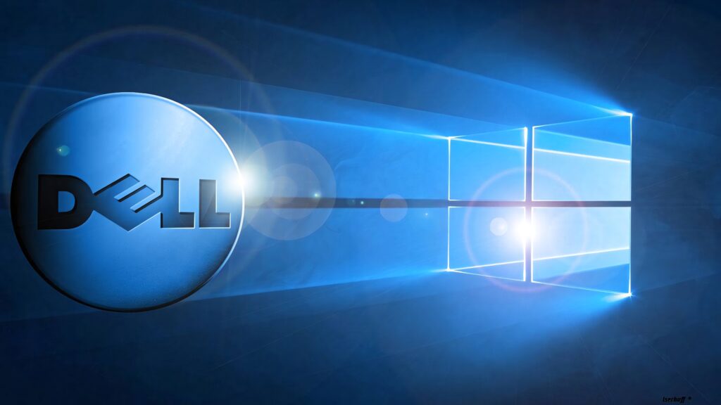 Glowing blue Dell logo merging with bright geometric Windows logo on futuristic blue background Wallpaper