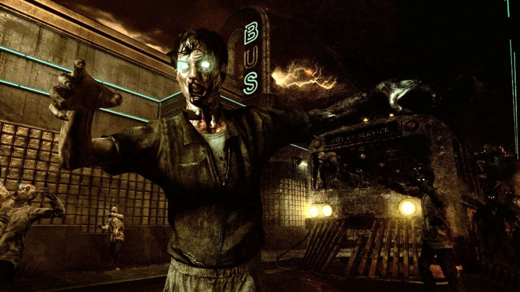 Glowing Blue-Eyed Zombie Mayhem: A Striking Wallpaper from Call of Duty Black Ops 2's Thrilling Zombie Mode