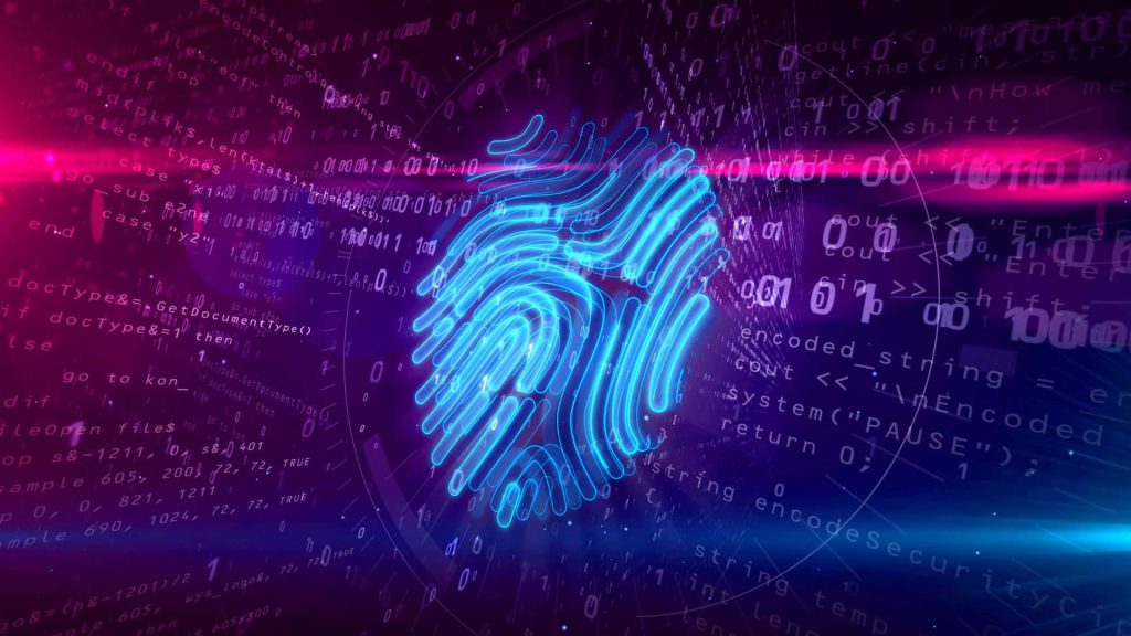 Glowing blue fingerprint with digital code on dark purple background data security wallpaper