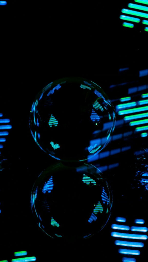 Glowing Blue & Green Heart Pattern Wallpaper on Glossy Sphere