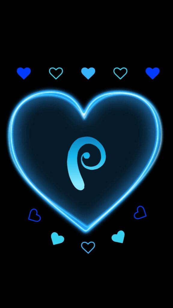 Glowing Blue Heart Wallpaper with Stylized P on Black Background
