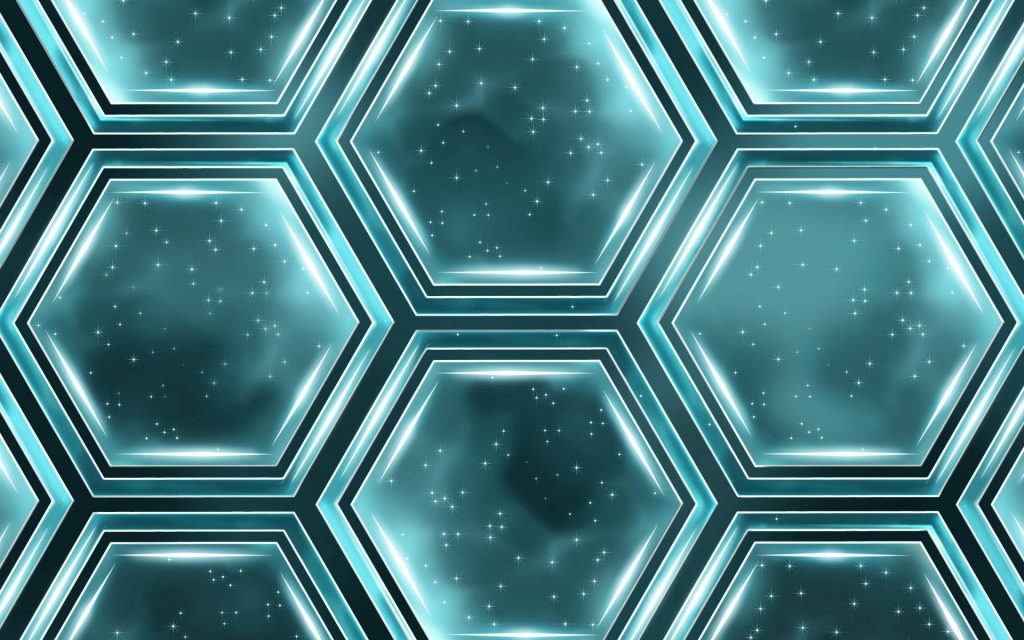 Glowing blue hexagons wallpaper with shimmering teal starry interior and polished edges background