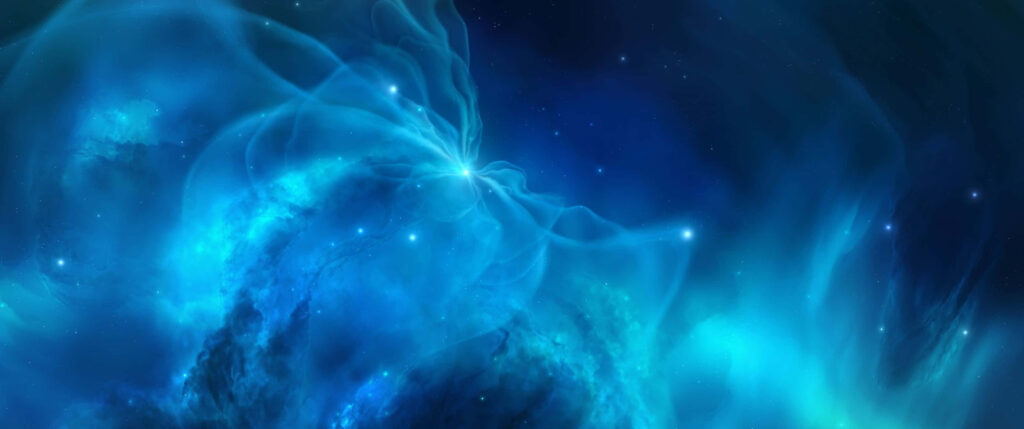 Stunning blue space wallpaper with glowing nebulae, stars, and ethereal light streams.