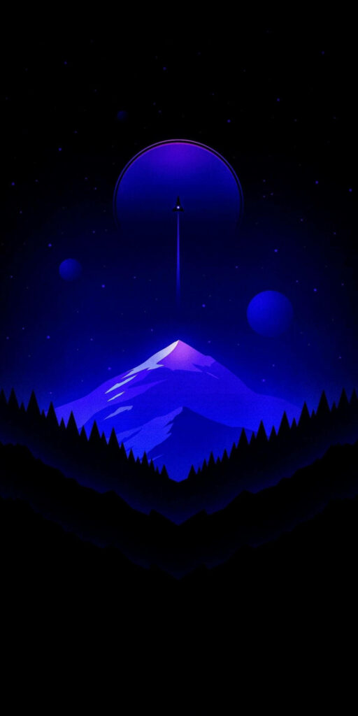 Enchanting OLED Phone Background: Celestial Glow over Silhouette Forest with Majestic Mountains, Futuristic Rocket Ship, and Luminous Sphere on a Nebulous Sky Wallpaper