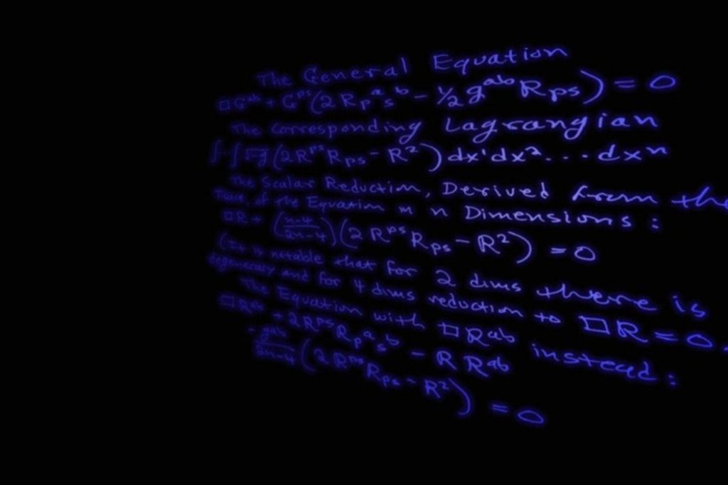 Glowing blue physics equations and relativity tensors on black minimalist science wallpaper background