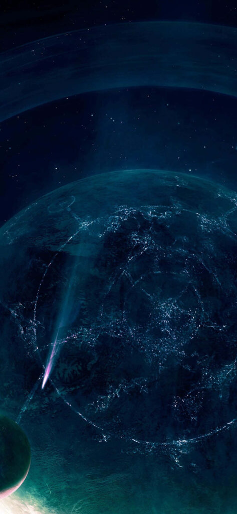 Vibrant blue planet glowing amidst intricate cosmic patterns in a star-filled universe. Wallpaper