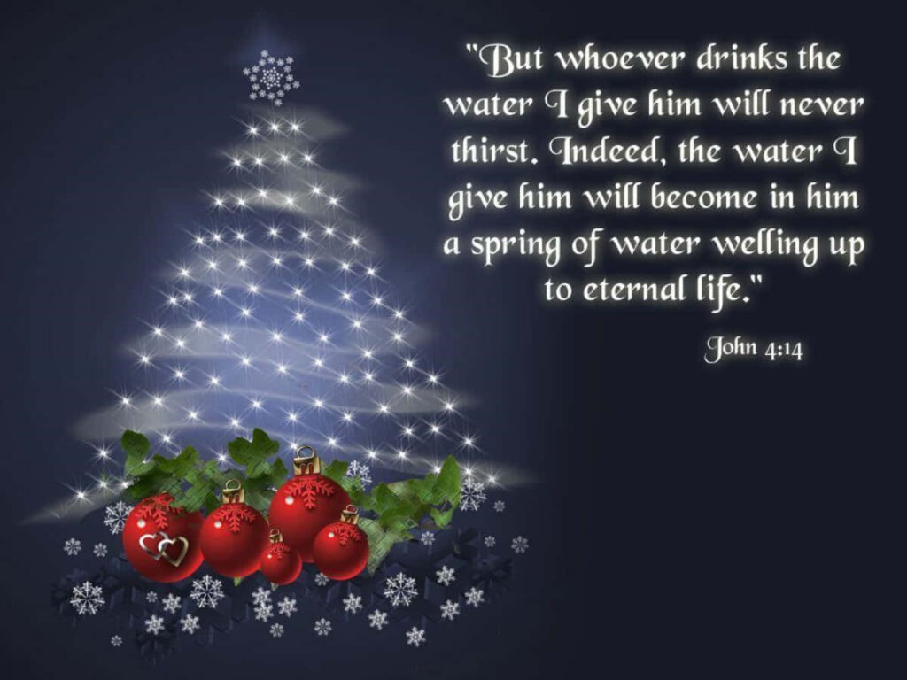Glowing Christmas Tree Wallpaper with Scripture & Festive Ornaments
