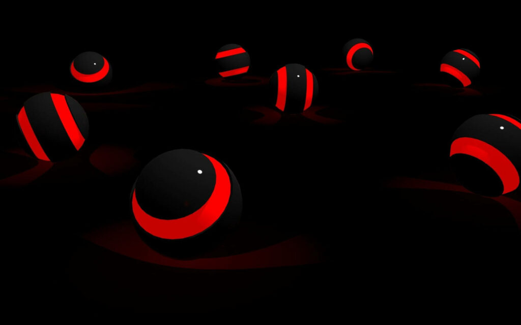 Vibrant 3D Black Spheres Illuminated by Glowing Red Circles: Abstract Digital Wallpaper