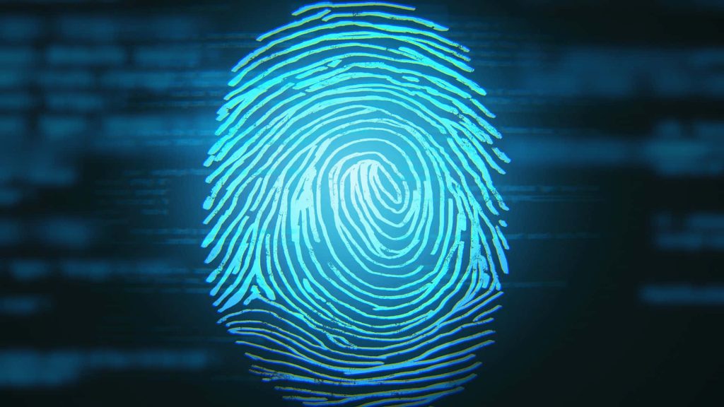Glowing cyan abstract fingerprint on dark background digital biometric security wallpaper