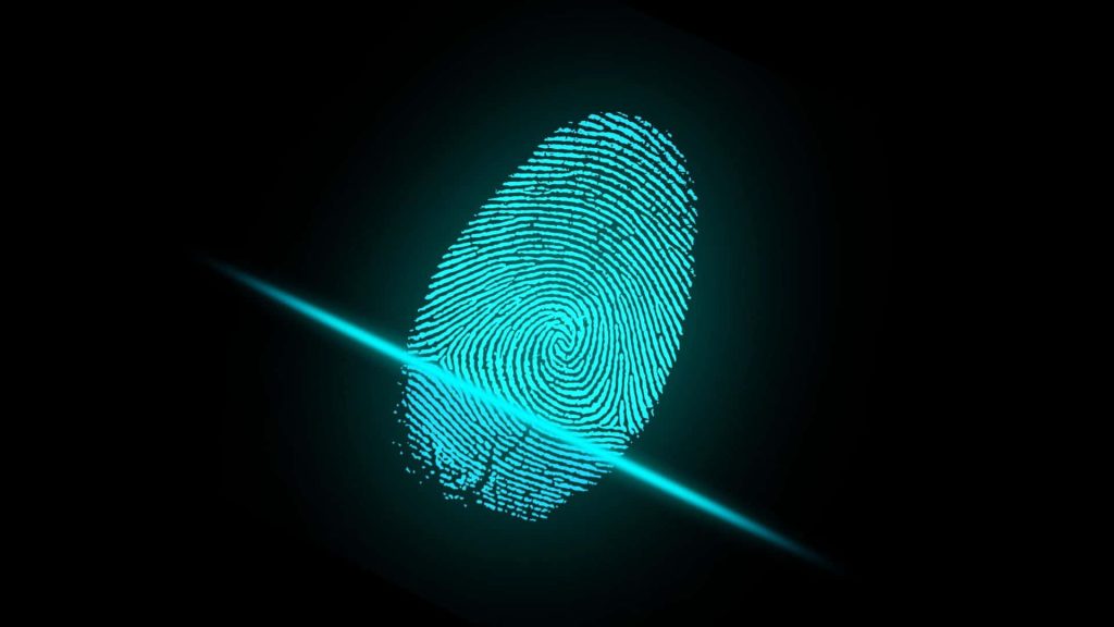 Glowing cyan fingerprint scanned by vibrant light beam on black background biometric security wallpaper