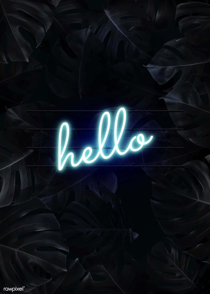 Glowing cyan neon hello sign on dark textured monstera leaves modern stylish wallpaper background